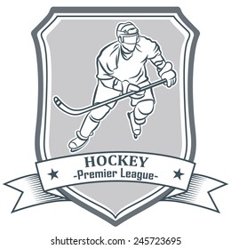 Ice hockey labes, badge and emblem design elements. Hockey player.