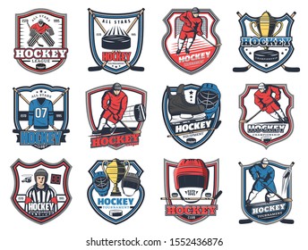 Ice hockey league isolated heraldic icons. Vector hockey winter sport championship, tournament club, trophy cup and player in protective suit, stick and puck, referee and skates, goalkeeper