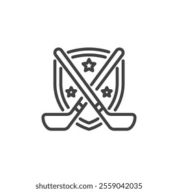 Ice Hockey League line icon. linear style sign for mobile concept and web design. Ice hockey stick and shield outline vector icon. Symbol, logo illustration. Vector graphics