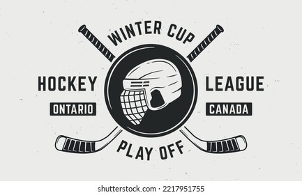 Ice Hockey League logo. Ice hockey helmet with crossed sticks isolated on white background. Logo template for team, club, tournament. Vector illustration