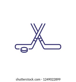 Ice Hockey Line Icon. Hockey Bandy And Puck On White Background. Sport Concept. Vector Illustration Can Be Used For Topics Like Sport, Hockey, Activity