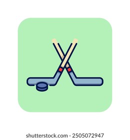 Icono de línea de hockey sobre hielo. Hockey bandy y disco sobre fondo verde. Concepto deportivo. La Ilustración vectorial se puede utilizar para temas como el deporte, el hockey, la actividad