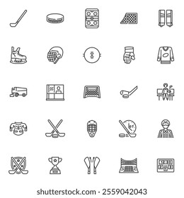 Ice hockey line icons set. linear style symbols collection, outline signs pack. Hockey sport vector graphics. Set includes icons as hockey stick and puck, goalie pads, ice skates, penalty box, helmet