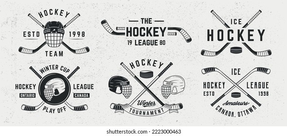 Ice Hockey logo set. 6 ice hockey emblems with helmets, balls, cues and ribbon banner icons. Hipster Design. Emblem, poster templates. Vector illustration