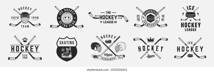 Ice Hockey Logo-Set. 8 Eishockey Embleme mit Hockeyhelmen, Cues Icons. Hipster-Design. Emblem, Postervorlagen. Vektorgrafik