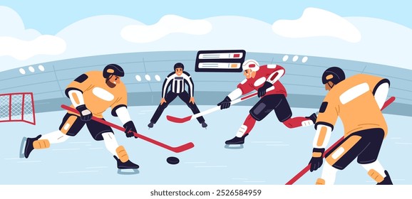 Partido de hockey sobre hielo. Equipos de atletas con clubes luchan por el disco frente al árbitro. Competencia de juegos deportivos. Campeonato de ligas atléticas. Patinadores juegan en la pista. Garish