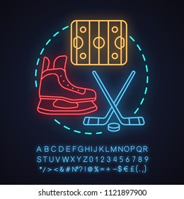 Ice hockey neon light concept icon. Team sport. Winter activities idea. Hockey rink, skating boot, hockey stick and puck. Glowing sign with alphabet, numbers and symbols. Vector isolated illustration