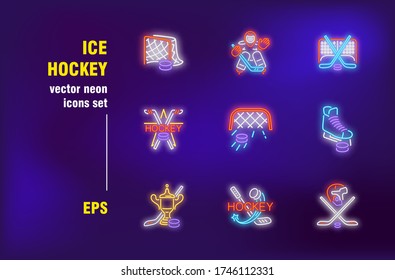 Ice hockey neon signs set. Winter sport activity, play, game, championship. Night bright advertising. Vector illustration in neon style for festive banners, posters, flyers design