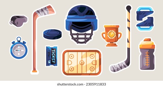 Ice hockey object equipment collection set illustration sticker style from stick skate puck to arena 