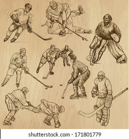 ICE HOCKEY (part 1). Collection of hand drawn illustrations (originals, no tracing). Description: Each drawing comprise of two or three layers of outlines, colored background is isolated.