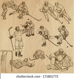 ICE HOCKEY (part 2). Collection of hand drawn illustrations (originals, no tracing). Description: Each drawing comprise of two or three layers of outlines, colored background is isolated.