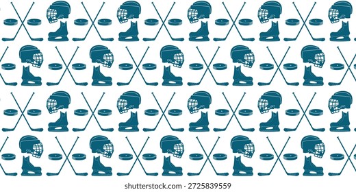 Eishockey-Muster Hintergrund. Schlittschuhe, Stock und Puck.