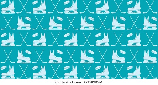 Eishockey-Muster Hintergrund. Schlittschuhe, Stock und Puck.