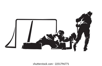 Ice hockey penalty shot, isolated vector silhouette, ink drawing.  Breakaway. Hockey goaltender makes save.