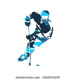 Ice hockey player, abstract blue isolated vector silhouette. Front view