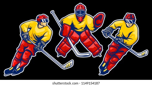 Ice Hockey Player in Action Vector Set in Dark Background