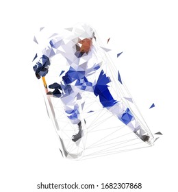 Ice hockey player in blue jersey skating, isolated low polygonal vector illustration. Front view