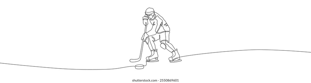 Jugador de hockey sobre hielo Ilustración vectorial de dibujo de línea continua. Símbolo de arte de línea de hockey