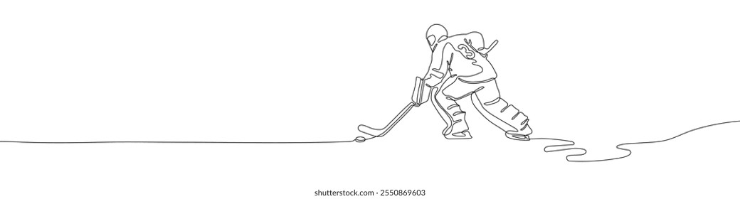 Jugador de hockey sobre hielo Ilustración vectorial de dibujo de línea continua. Letrero de portero. Símbolo de arte de línea de hockey. Trazo editable