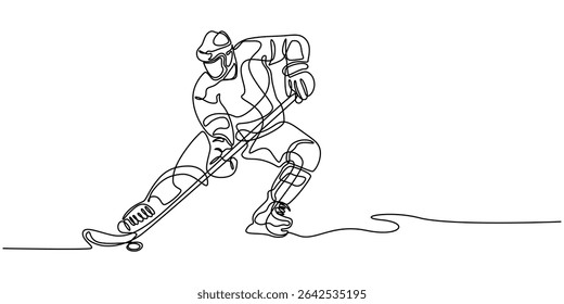 Ice Hockey player continuous one line drawing, One continuous single drawing line art doodle sport, hockey, people, ice, skate, athlete, puck. Isolated flat illustration hand draw contour on a white