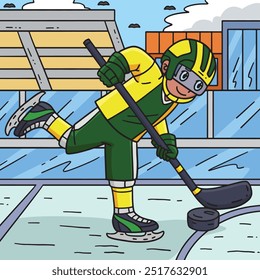 Ice Hockey Player Directing Puck Colored Cartoon 