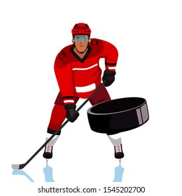 Ice hockey player flat vector illustration. Adult young man in red uniform holding hockey stick cartoon character. Professional sportsman, team member in protective gear. Goalkeeper catching puck