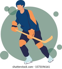 Ice hockey player flat vector illustration. Adult young man in uniform holding hockey stick cartoon character. Professional sportsman, team member in protective gear. Winter activities