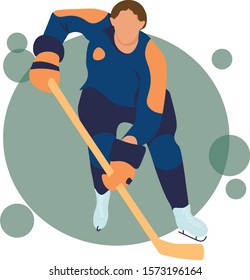 Ice hockey player flat vector illustration. Adult young man in uniform holding hockey stick cartoon character. Professional sportsman, team member in protective gear. Winter activities