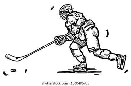 An Ice Hockey player in full protective gear. Hand drawn vector illustration. 