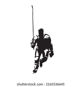 Ice hockey player greets fans, isolated vector silhouette, ink drawing. Ice hockey logo. Front view. Three stars, best player in the game