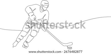 Ice hockey player in helmet skating with stick and puck. Continuous line vector illustration. Winter team sport and competition. Milano Cortina 2026 Winter Olympics sport concept