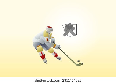 An ice hockey player hit a hockey puck towards a goal post guarded by a goalie. Vector illustration.