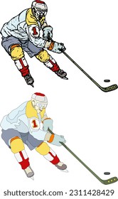 Ice hockey player hit a hockey puck on the turn, isolated against white. Hand drawn vector illustration.