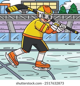 Ice Hockey Player Holding Stick Colored Cartoon