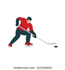 Ice ilustración de un jugador de hockey con ropa de color rojo y azul. Un hombre se inclina en su cuerpo y sostiene un bastón de hockey. Ilustración deportiva.