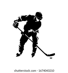 Ice hockey player, isolated vector silhouette, ink drawing