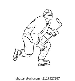 Ice hockey player, isolated vector silhouette, ink drawing