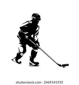 Ice hockey player, isolated vector silhouette, team sport athlete