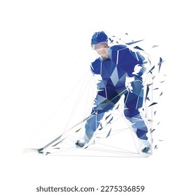 Jugador de hockey sobre hielo, baja polilla aisló la ilustración geométrica vectorial desde triángulos, vista frontal. Atleta deportiva de equipo de invierno