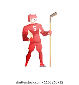 Ice hockey player, male athlete character in red uniform, active sport lifestyle vector Illustration on a white background