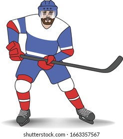 Ice hockey player man in blue, white and red color uniform, viewed from his front, when standing with raised stick in defensive position. Simple image isolated on white background with shadow
