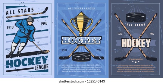 Ice Hockey Player On Sport Rink With Sticks, Pucks And Trophy Vector Design. Forward With Skates, Uniform Helmet And Golden Winner Cup. Hockey Championship League Match Retro Posters