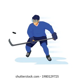 Ice hockey player in protective sportswear and helmet with a hockey stick and puck rides on skates with a battle cry