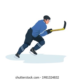 Ice hockey player in protective sportswear and helmet with a hockey stick rides on skates. Vector flat design character illustration isolated on white transparent background. 