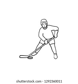 Ice hockey player with puck hand drawn outline doodle icon. Winter team sport, ice hockey skating and arena concept. Vector sketch illustration for print, web, mobile and infographics on white