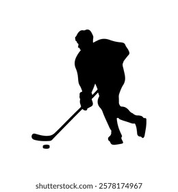 Ice hockey player with hockey and puck silhouette vector illustration design on white background.