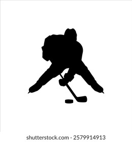 Ice hockey player with hockey and puck silhouette vector illustration design on white background.