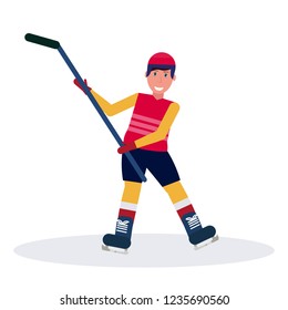 ice hockey player raised stick skating goal celebrating concept male cartoon character full length flat isolated