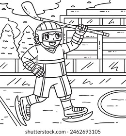 Ice Hockey Player Raising Hockey Stick Coloring