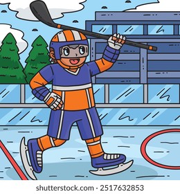 Ice Hockey Player Raising Hockey Stick Colored 